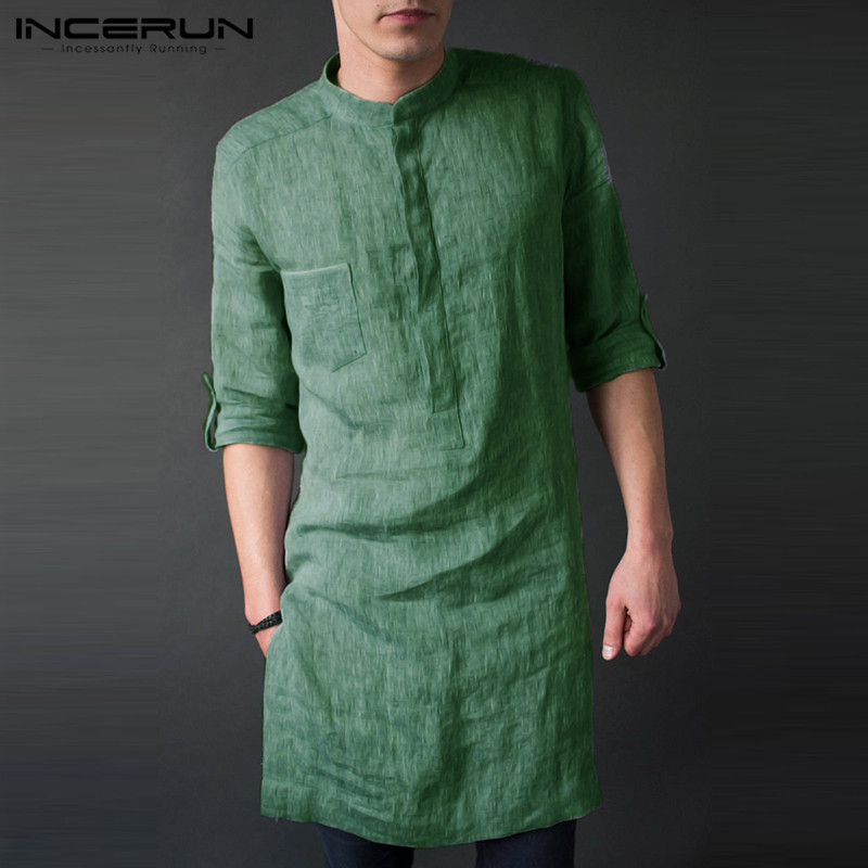 Kurta Men Cotton - Incerun masculino manga longa midi camisetas