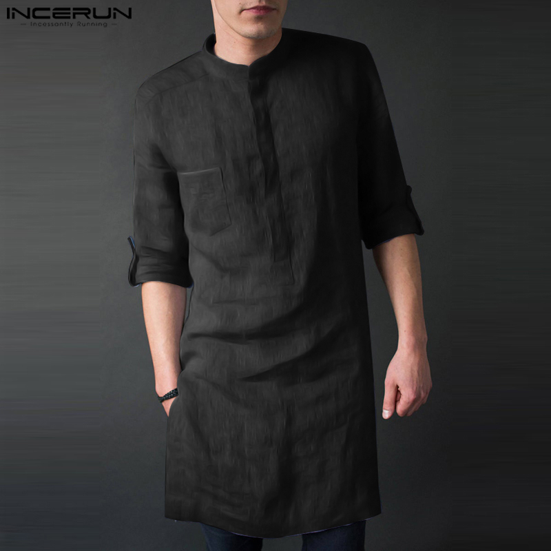 Kurta Men Cotton - Incerun masculino manga longa midi camisetas